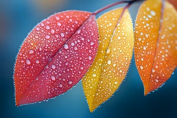 Wall Mural - Vibrant Autumn Leaves with Dewdrops on Blue Background for Nature Designs