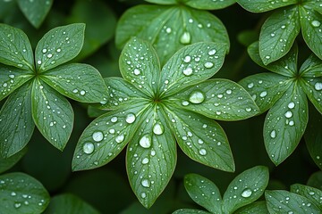 Wall Mural - Fresh Green Leaves with Water Droplets - Nature Photography for Print or Digital Design