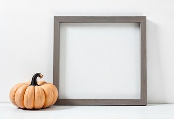 Wall Mural - A light-colored wooden frame, decorated with pumpkins, is placed on a plain white background, creating a simple yet festive autumn display. A large pumpkin sits beside the frame.