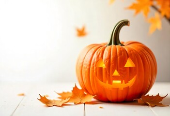 Wall Mural - vibrant orange jack-o'-lantern pumpkin, carved with a friendly face and lit from within, sits on a white surface surrounded by autumnal leaves.