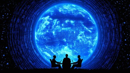 Wall Mural - three figures sit before a large blue globe in a dark setting.
