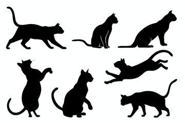  Black silhouette collection of black cat silhouettes in various poses standing sitting and jumping on a white background
