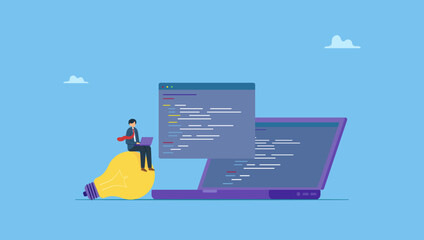 Vector illustration of programmer developing software. Mobile application development. Web design and mobile app design process.