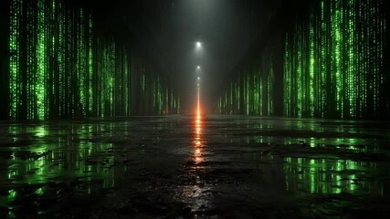 Futuristic data stream tunnel background with glowing green code and wet floor