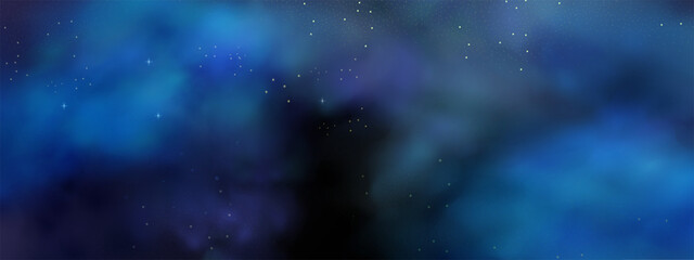 luxury navy blue night sky background with golden stars, magical glitter, and bokeh sparkle.