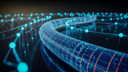 A futuristic digital pipeline visualization with a dark blue and black color scheme