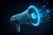 © Kedsara - Misinformation in social media algorithms concept. A digital megaphone emits glowing binary code, symbolizing amplified data communication or digital information broadcast.