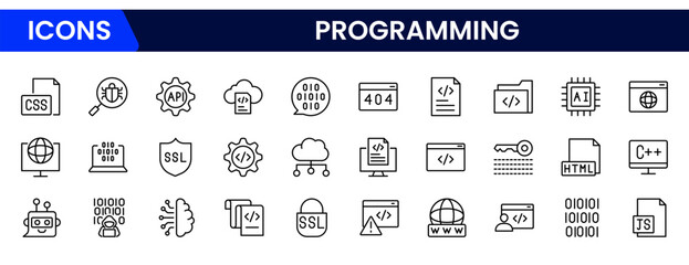 Wall Mural - sleek vector web line icons depicting coding, programming, algorithms, development tools, and innova
