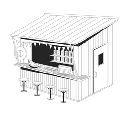 Wall Mural - tropical beach bar hut 2d line object. summer vibe stand. cozy beachside wooden kiosk with stools, b