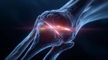 Wall Mural - medical visualization showing glowing cartilage damage in a human knee joint, highlighting the affec