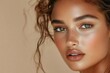 © Pavel - Gorgeous model presents sunkissed bronzer look in studio, with flawless skin and glossy lips, against neutral background for a stunning close up
