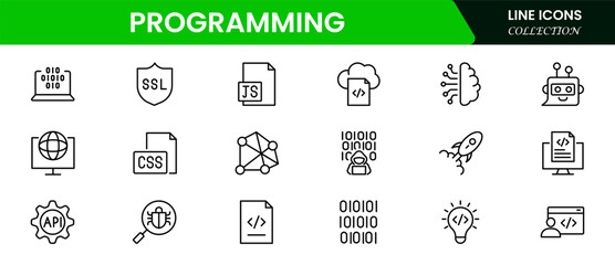 Wall Mural - sleek vector web line icons depicting coding, programming, algorithms, development tools, and innova