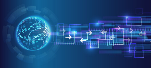 Wall Mural - Futuristic digital background with glowing sphere, pixel lines and directional arrows. Concept of data exchange, network technologies and information flow. Ideal for presentations and IT design.