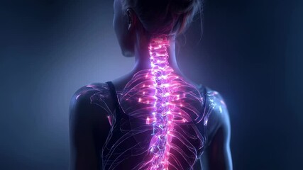 Wall Mural - medical visualization revealing spinal curvature of woman with scoliosis, displaying glowing vertebr