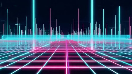 Wall Mural - futuristic abstract visualization of sound waves in neon colors on a grid background, combining tech