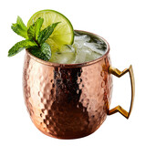 Refreshing moscow mule in copper mug garnished with lime and mint on black