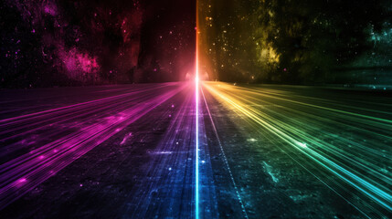 Wall Mural - vibrant cosmic scene featuring beams of light in various colors converging towards central point, cr
