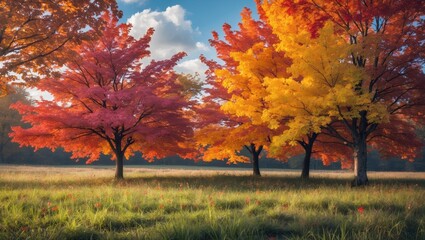 Wall Mural - Vibrant hues of fall foliage signaling the change of seasons, a romantic scene of nature's transition.