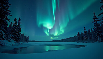 stunning aurora borealis displaying over a frozen lake and snowy forest