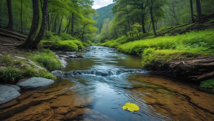 Wall Mural - serene flow of a tiny mountain stream amid lush foliage