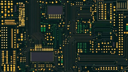 Wall Mural - close-up of abstract computer motherboard with intricate printed circuit board patterns, glowing ele