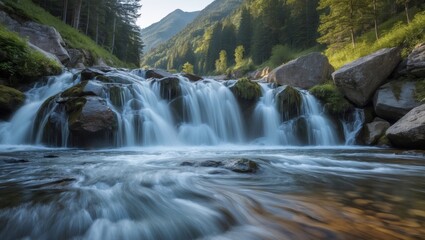 Wall Mural - flowing water on a mountain cascade captured with long exposure