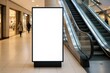 © AkuAku - Store display banner mock-up with large vertical poster near escalator in shopping mall