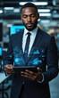 © panophotograph - Black male business leader with a short beard and sharp suit, standing confidently while looking at a digital tablet, surrounded