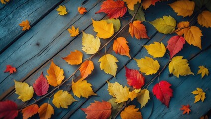 Wall Mural - Colorful fall maple leaves on rustic wooden background illustrating the life cycle of fall leaves. Thanksgiving holidays concept. Green, yellow, and red autumn leaves. Top view with copy space