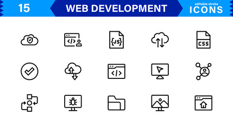 Modern Web Development Icon Set Featuring Coding, Websites, Programming, Design, and Development Concepts in a Professional, Clean Vector Style