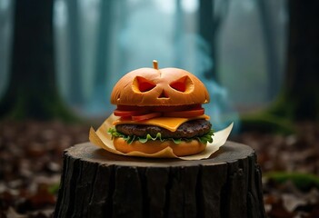 Wall Mural - A spooky Halloween-themed hamburger, shaped like a jack-o'-lantern, on a wooden stump, surrounded by fog and a mystical forest backdrop. It has a beef patty, cheese, other toppings,typical of a burger
