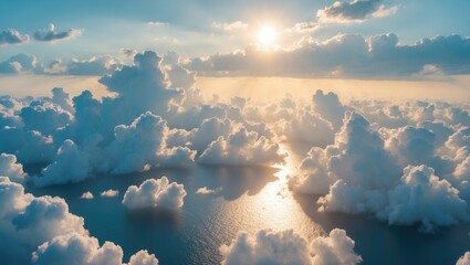 Wall Mural - Dense and fluffy CLOUDS, with sunlight reflecting off the surface of the sea water below, showcasing the vastness of the sky and the interplay of light and shadow on the clouds and water.