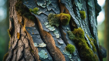 a detailed macro photograph highlighting the intricate texture of tree bark, adorned with lichen and
