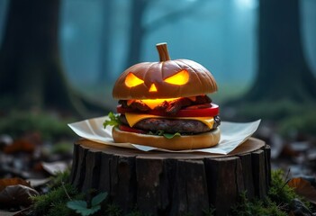 Wall Mural - A spooky Halloween-themed hamburger, shaped like a jack-o'-lantern, on a wooden stump, surrounded by fog and a mystical forest backdrop. It has a beef patty, cheese, other toppings,typical of a burger