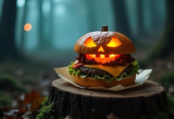 Wall Mural - A spooky Halloween-themed hamburger, shaped like a jack-o'-lantern, on a wooden stump, surrounded by fog and a mystical forest backdrop. It has a beef patty, cheese, other toppings,typical of a burger