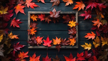 Wall Mural - Empty photo frame and colorful autumn dry leaves on black wooden background. The life cycle of fall leaves. Thanksgiving holidays concept. Yellow and red autumn leaves. Top view, copy space