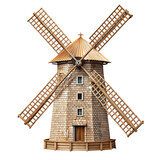 Old stone windmill with wooden sails isolated on transparent background