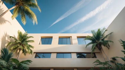 Wall Mural - a modern structure featuring beige walls, windows, and tropical palm foliage, serving as an aestheti