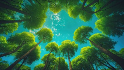 Wall Mural - upward view of trees and lush forest with sky background, capturing fresh and beautiful indonesian l