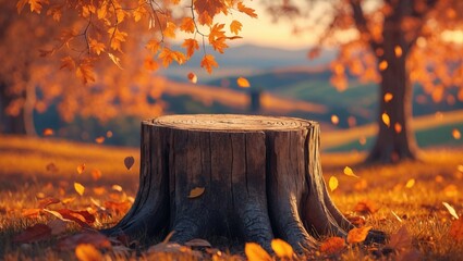 Wall Mural - Beautiful autumn landscape with stump in the forest. Vibrant foliage in the park. Falling leaves natural background. Mockup podium for product presentation.