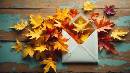 Wall Mural - Top view of gray paper envelope on aged black wooden background filled with various yellow leaves. Vintage style of communication. Romantic gesture during the golden autumn season.