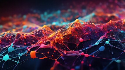 A vibrant and abstract image of interconnected nodes and data streams, flowing across a digital landscape, representing the complexity and connectivity of information networks.