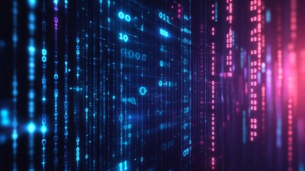 Futuristic digital technology background with glowing binary computer code, abstract matrix data stream, high-tech cyber network interface, and virtual communication grid design




