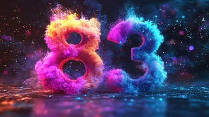 Wall Mural - Colorful, vibrant 83 formed by swirling, glowing dust, with a dark, speckled background