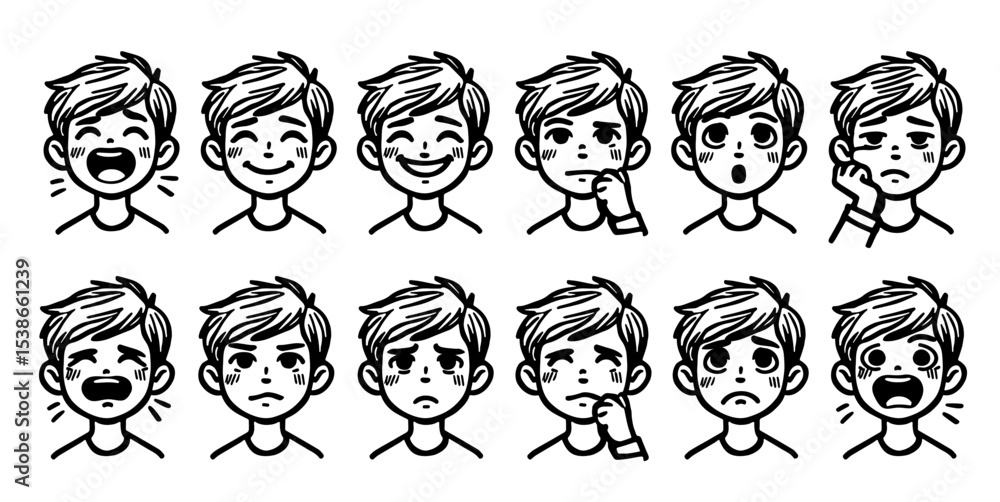 Kids emotions set in cartoon style. Cute boy faces expressions ...