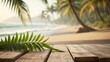 © Holo Frame - Empty wooden boards with palm fronds in the front and a hazy beach background suitable for product placement.
