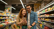 © Bayu Tri Nugroho - Happy couple grocery shopping using smartphone app modern supermarket technology