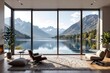 © kritsanachart - A modern living room with large windows offers a stunning view of a serene lake surrounded by snow-capped mountains and lush greenery.