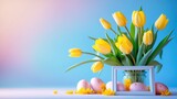 Easter eggs and spring tulip flowers background border with white frame on gradient blue. Seasonal concept of springtime floral nature.
