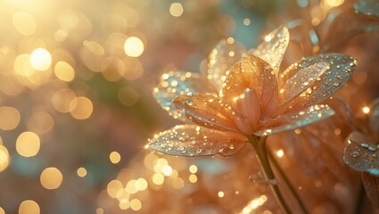 Wall Mural - blurred background of a close-up of delicate petals adorned with sparkling water droplets against a 
